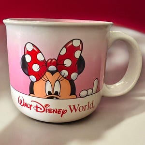 Walt Disney World Minnie Mouse Peek-a-Boo Red Pink White Ceramic Coffee Mug Cup 1987 Collectible Rare Vintage Disney Parks Disney Rarity image 1