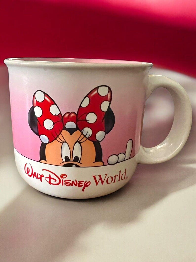 Walt Disney World Minnie Mouse Peek-a-Boo Red Pink White Ceramic Coffee Mug Cup 1987 Collectible Rare Vintage Disney Parks Disney Rarity image 1