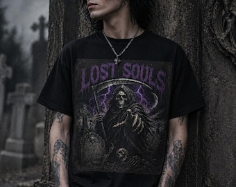 Lost Souls Grim Reaper Tee Gothic Horror Skull Graveyard Shirt Unisex