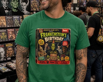 Frankenstein Birthday Shirt Vintage Monster Movie Tee 8mm Film Box Horror Shirt Retro Halloween Graphic Creature Feature Tee
