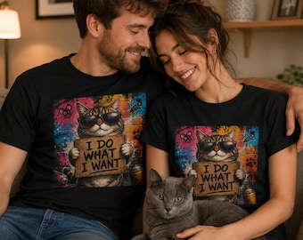 I Do What I Want Cat T Shirt Graffiti Funny Kitty Holding Sign Unisex Cool Tee
