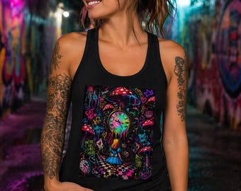 Camiseta sin mangas estilo boho con estampado de Alicia psicodélica y el País de las Maravillas neón para mujer.
