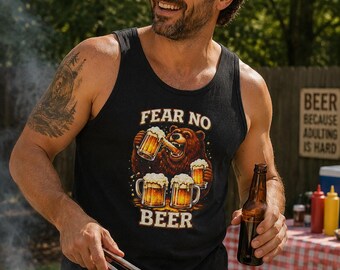 Fear No Beer Bear Tank Top Funny BBQ Drinking Party Graphic Tee