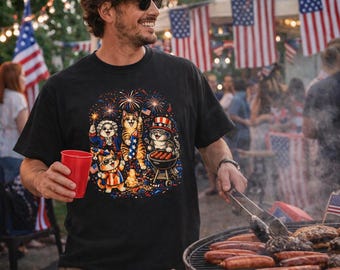 America 250 Funny Patriotic Cats July 4th Independence Day Fireworks BBQ T-Shirt