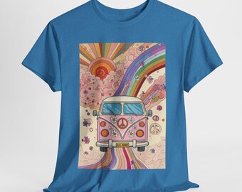 Psychedelic 1970s Bus T-shirt, Colorful Abstract Elements Tee for