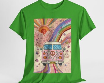 Psychedelic 1970s Bus T-shirt, Colorful Abstract Elements Tee for