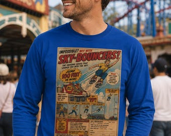 Sky-Bouncers Retro Comic Ad Long Sleeve Tee Funny Vintage Jump Shirt