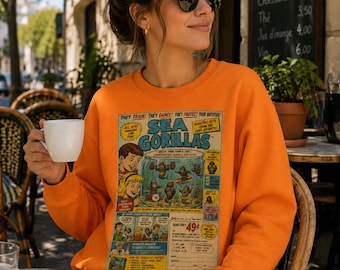 Sea Gorillas Retro Sweatshirt Funny Vintage Comic Parody Crewneck Pullover