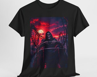 The Grim Reaper Rides a Roller Coaster T-Shirt - Funny Spooky Halloween Theme Park Tee for Thrill Seekers, Horror Fans & Dark Humor Lovers