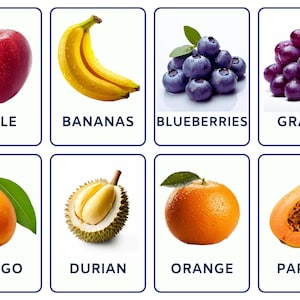 30 afdrukbare fruitnamen - educatieve flitskaarten voor kinderen - gratis kleurplaten - fruitwoorden voor jonge kinderen - echte illustraties in kleur