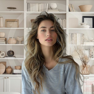 Puede incluir: Una mujer con el pelo largo y rubio que lleva un jersey azul claro se encuentra delante de una estantería blanca llena de libros, jarrones y objetos decorativos.