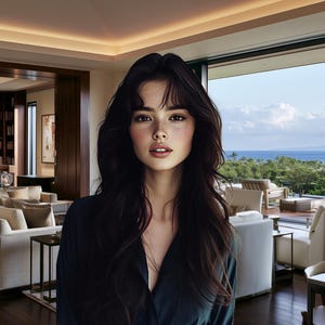 Puede incluir: Una persona con cabello largo, oscuro y ondulado, vistiendo una camisa de cuello oscuro, situada en una espaciosa sala de estar con una gran biblioteca, sofás blancos y una amplia puerta de cristal con vistas a un paisaje tropical y al océano.
