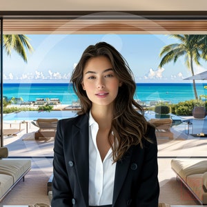 May include: A person with long wavy brown hair wearing a crisp white collared shirt under a black double-breasted blazer. The individual is positioned in front of a large glass window overlooking a tropical beach scene with a pool and palm trees.