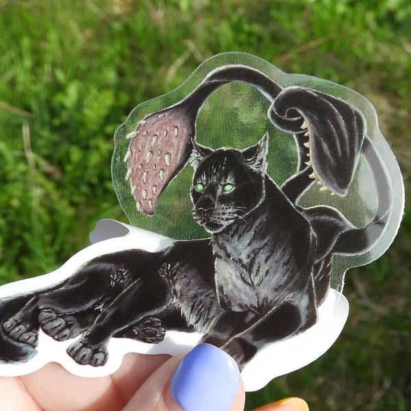 Displacer queen cat clear vinyl dye cut sticker, fantasy monster, weatherproof