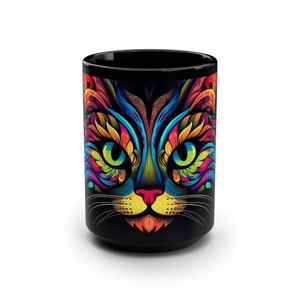 Abstract Colorful Cat Black Coffee Mug, Cat Lover Gift, 15oz Ceramic Coffee Cup