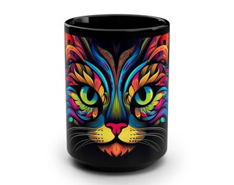 Abstrakte bunte Katze schwarze Kaffeetasse, Katzen-Liebhaber-Geschenk, 15 Unze Keramik-Kaffeetasse