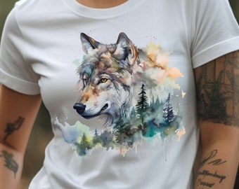 Wolf Shirt Watercolor Wolf T-Shirt Wolf In The Forest Graphic Tee Wolf Lover Gift Cool Lone Wolf Pack TShirt