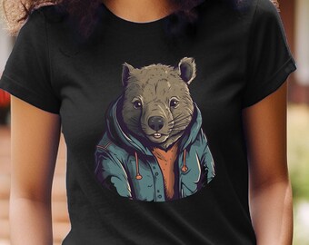 May include: A black t-shirt featuring a graphic of a brown bear wearing a blue jacket and a red scarf. The bear has a white snout and a black nose.