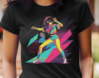 Camicia da ballo retrò anni '80 Camicia da ballo retrò anni '80 T-shirt con grafica video per esercizi vintage retrò colorata
