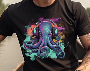 Octopus Shirt Hipster Octopus T-Shirt DJ Octopus Wearing Headphones Graphic Tee