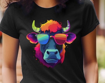Colorful Cow Shirt Party Animal Party Cow T-Shirt Hipster Cow Wearing Sunglasses TShirt Cow Owner Gift Funny Animal Graphic Tee