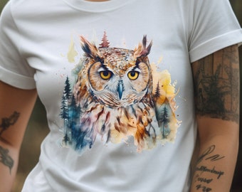 Owl Shirt Great Horned Owl T-Shirt Owl In The Forest Graphic Tee Owl Lover Gift Nature Lover