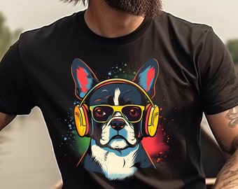 Camiseta de Boston Terrier Camiseta de perro de Boston Terrier Regalo para propietario de Boston Terrier Camiseta gráfica de amante de los animales Perro retro de los años 80 con camiseta de auriculares