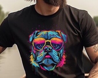 Dog Shirt Bulldog T-Shirt 80s Retro TShirt For Dog Owner Gift For Bulldog Owner Animal Lover Gift For Bulldog Lover Dog With Sunglasses Tee