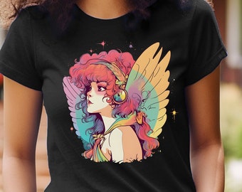 Fairy Shirt Retro Rainbow Rave Fairy T-Shirt Fairy with Headphones TShirt Colorful 80s Shirt Fae with Wings Graphic Tee Fairycore Gift for