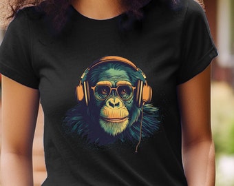 Hipster Chimp Shirt Chimpanzee T-Shirt Ape Gift Monkey Gift Chimp Listening To Music Graphic Tee