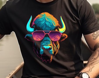 Buffalo Shirt Bison Buffalo T-Shirt 80s Retro Funny Animal With Sunglasses Graphic Tee Party Bison Party Buffalo