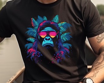 Gorilla Shirt Party Animal Gorilla T-Shirt 80s Retro Theme Gorilla With Palm Tree And Sunglasses Party Gorilla Graphic Tee