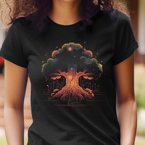 May include: A black t-shirt featuring a colourful graphic of a tree with glowing roots and branches. The tree is surrounded by a network of lines and dots.