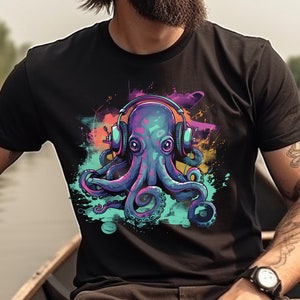 Octopus Shirt Hipster Octopus T-Shirt DJ Octopus Wearing Headphones Graphic Tee