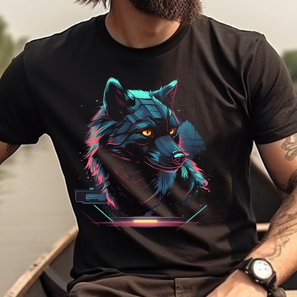 Fenrir Shirt 80s Retro Wolf T-Shirt Cool Cyberpunk Wolf TShirt Animal Lover Gift Wolf Lover Gift Wolf Graphic Tee Black Wolf Shirt