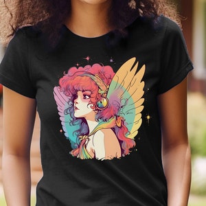 Fairy Shirt Retro Rainbow Rave Fairy T-Shirt Fairy with Headphones TShirt Colorful 80s Shirt Fae with Wings Graphic Tee Fairycore Gift for