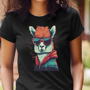 Hipster Alpaca Shirt Alpaca T-Shirt Alpaca In A Hoodie Alpaca With Sunglasses Gift For Animal Lover Alpaca Lover Shirt 80s Retro Graphic Tee