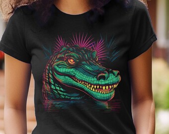 Camisa de jacaré retro 80s camiseta colorida estilo digitalizado presente para fã de jacaré camiseta gráfica pântano retro miami florida camisa