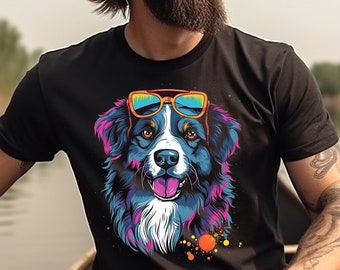 Dog Shirt Australian Shephard TShirt Aussie T-Shirt Australian Shephard Dog Sunglass 80s Retro Graphic T-Shirt Gift For Dog Lover Animal