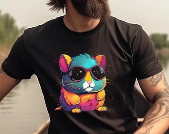 Hamster Shirt Colorful Rave Hamster TShirt Party Hamster T-Shirt Hamster in Sunglasses Graphic T-Shirt Gift for Pet Owner Gift for Hamster