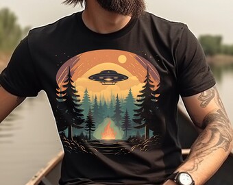 UFO Shirt Flying Saucer Over Campfire T-Shirt Camping and Aliens TShirt Gift For Nature Lover Alien UFO Fan Gift Vintage Tee Style Camping