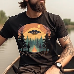 UFO Shirt Flying Saucer Over Campfire T-Shirt Camping and Aliens TShirt Gift For Nature Lover Alien UFO Fan Gift Vintage Tee Style Camping