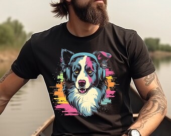 Dog Shirt Border Collie T-Shirt Rave Party Dog In Headphones TShirt For Border Collie Owner Dog Shirt Colorful 80s Retro Graphic Tee