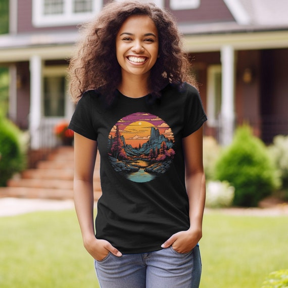 ネイチャーシャツ レトロ ビンテージ 風景 Tシャツ 川と山 Tシャツ