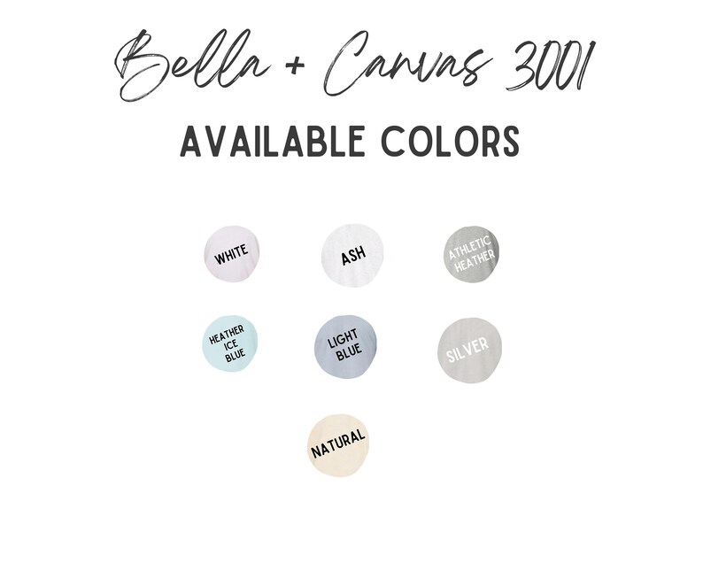 Puede incluir: Imagen que muestra el texto "Bella + Canvas 3001 AVAILABLE COLORS." Debajo, hay muestras de color etiquetadas: Blanco, Ceniza, Athletic Heather, Heather Ice Blue, Azul claro, Plata y Natural. El fondo es blanco.