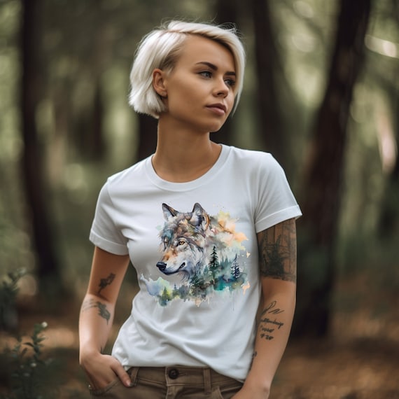 Wolf Shirt Watercolor Wolf T-Shirt Wolf In The Forest Graphic Tee Wolf Lover Gift Cool Lone Wolf Pack TShirt