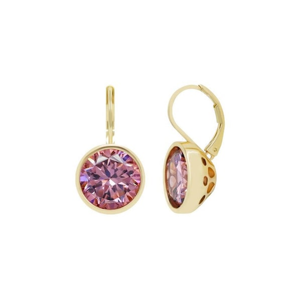 Bonita Bella Round Pink Rhodolite Garnet Cubic Zirconia CZ 18ct Yellow Gold Drop/Dangle Earrings Wedding-Gift-Bridal Jewelry