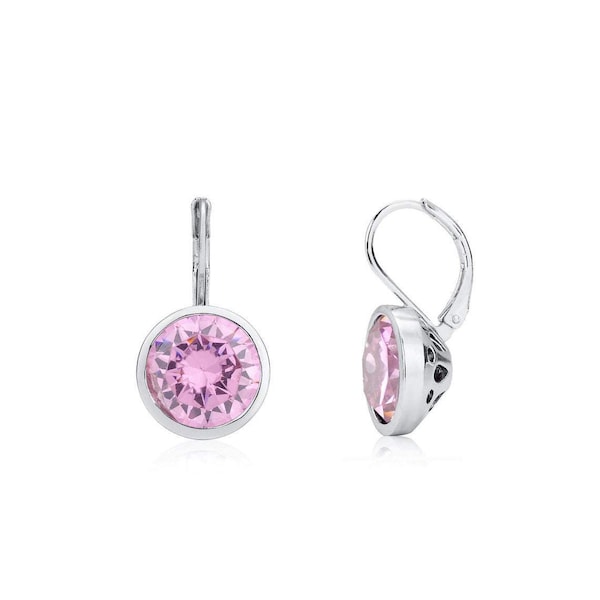 Bonita Bella Rhodium Plated Round Light Rose Pink Cubic Zirconia CZ Drop/Dangle Earrings Wedding-Gift-Jewelry