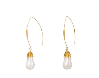 Tara Gold Plated Crystal Baroque Pearl Drop Earrings Wedding-Gift-Jewelry