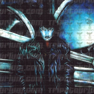 Könnte beinhalten: Eine Schwarzweißillustration einer Person mit blasser Haut und dunklen Haaren, die vor einer großen, metallischen Industriemaschine steht. Die Person trägt eine schwarze Lederjacke und hat einen ernsten Gesichtsausdruck.